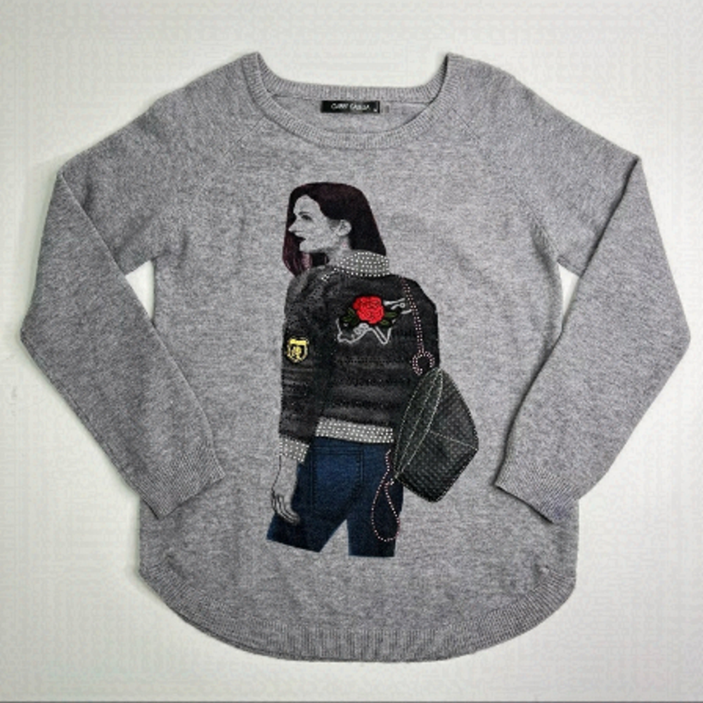 GABBY ISABELLA Lady Patchwork Jewelled Appliqué Grey Graphic Crewneck Sweater